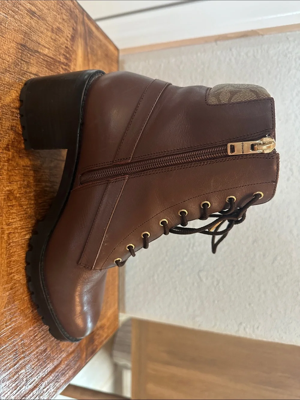 Coach Brown Leather Platform Booties with Signature Monogram Cuff SZ 9B
